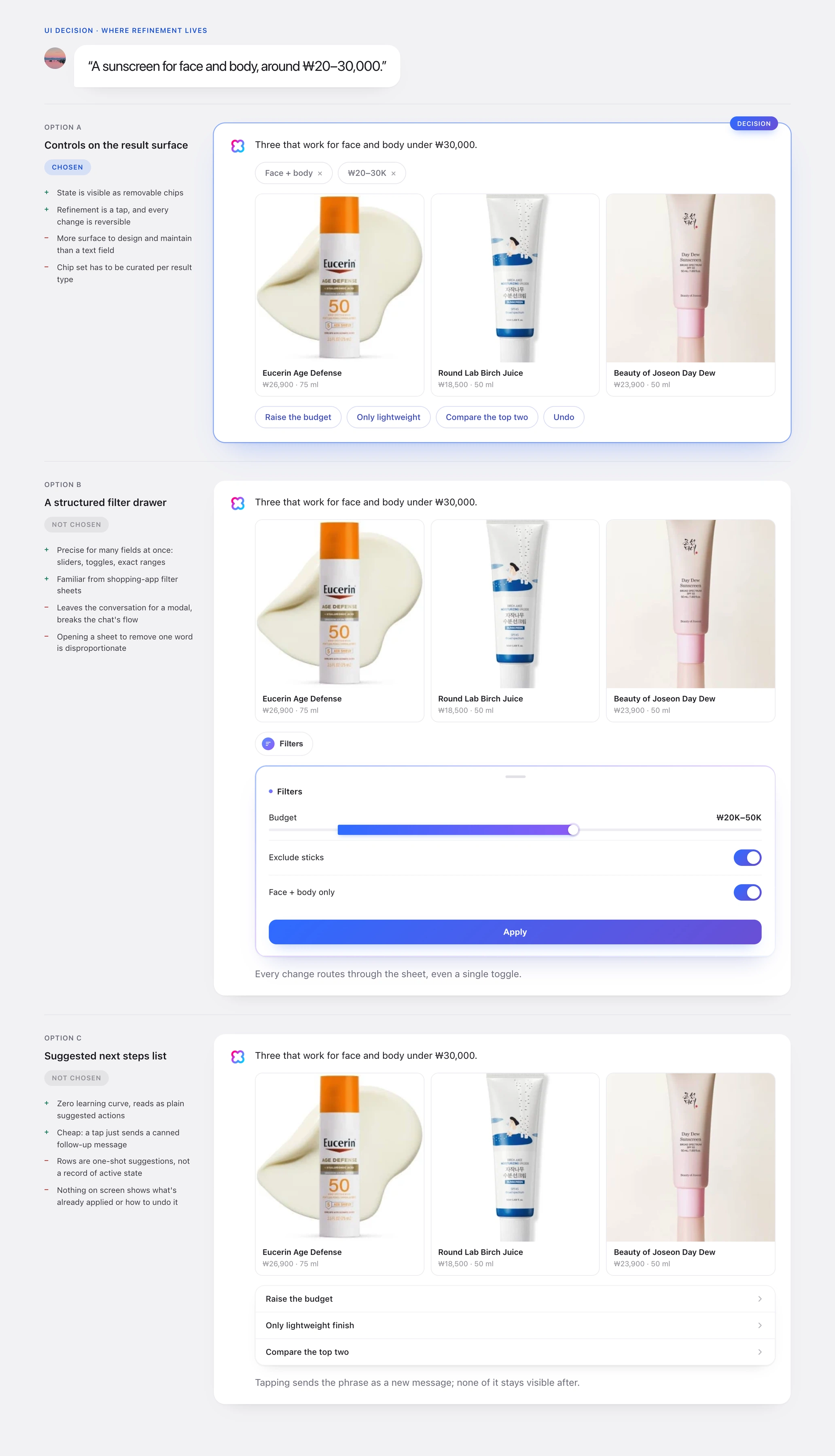 Refinement UI exploration: chips on the result surface, a structured filter drawer, and a suggested next-steps list