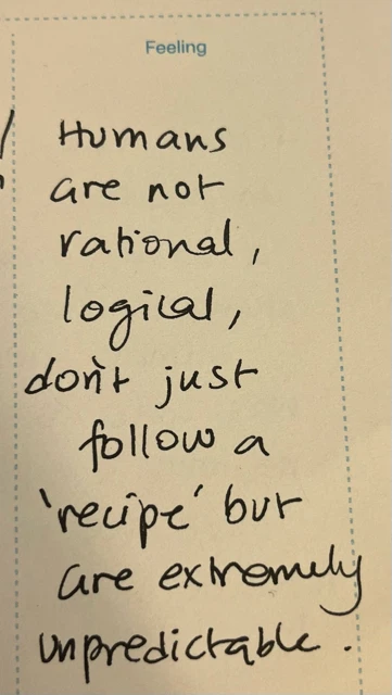 Handwritten diary entry: Not rational, not logical, no recipe